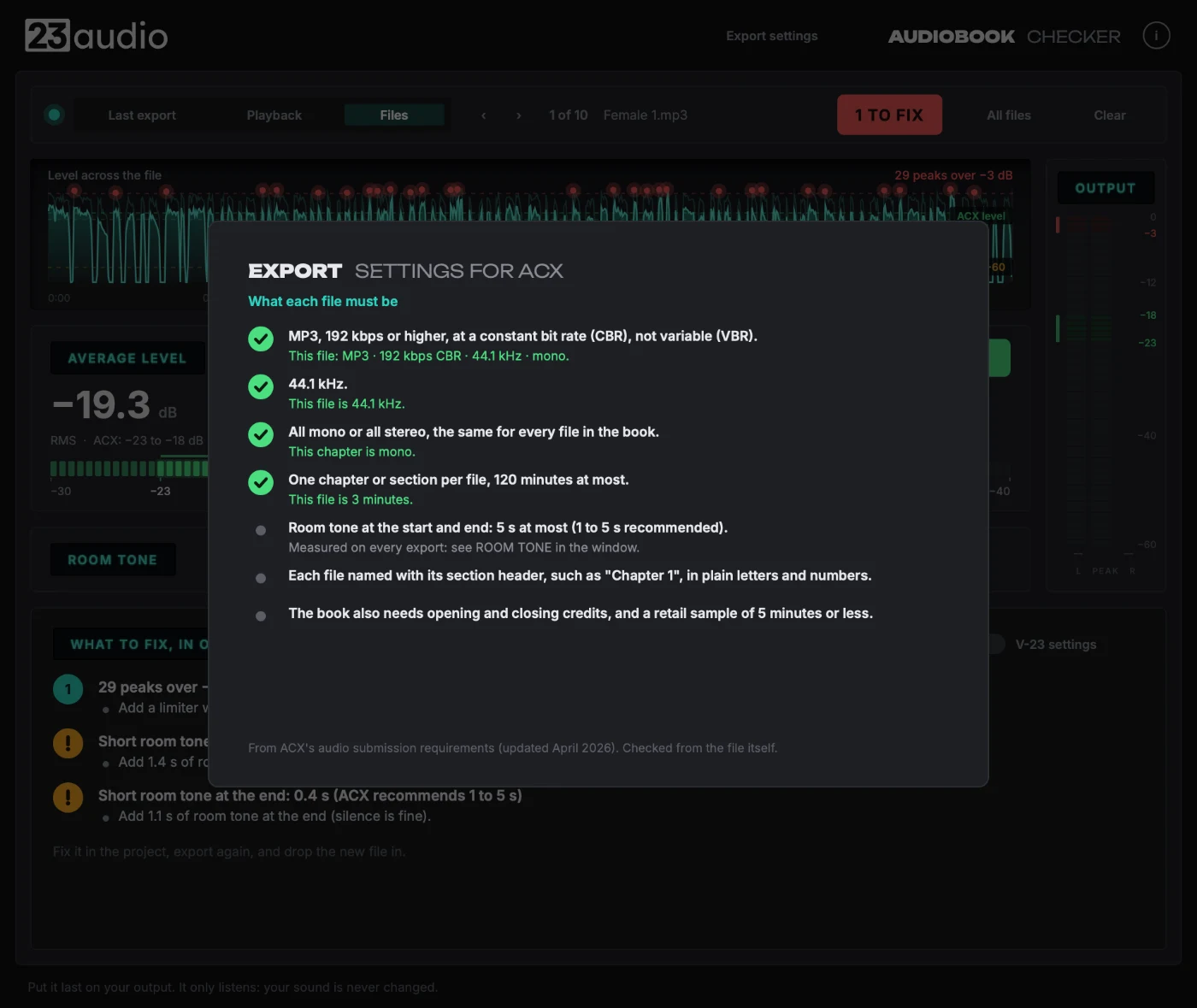 Audiobook Checker's Export settings card: ACX's file rules, checked against the file itself