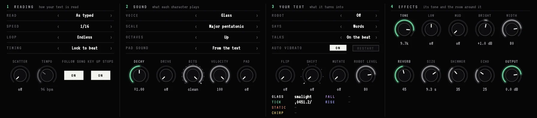 TELEPRINTER's controls: reading, sound, your text and effects