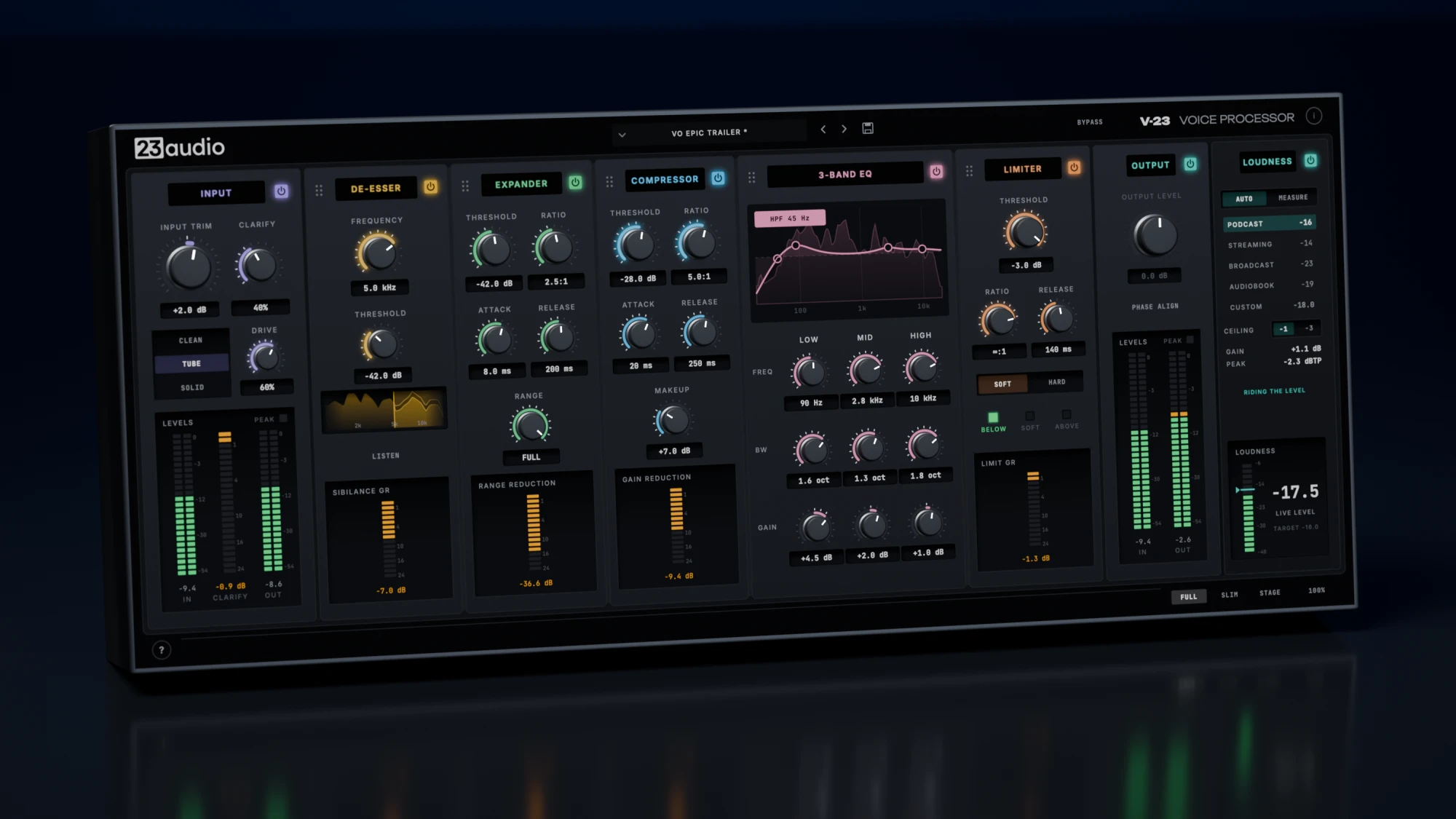 V-23 Voice Processor standing on a glossy black surface, every stage lit