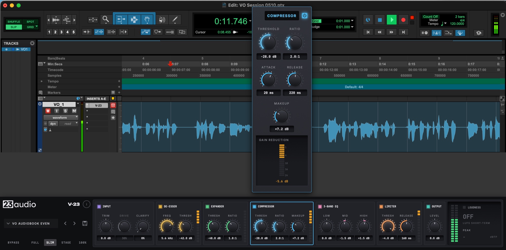 Slim in Pro Tools while recording, the compressor's full controls open above the strip