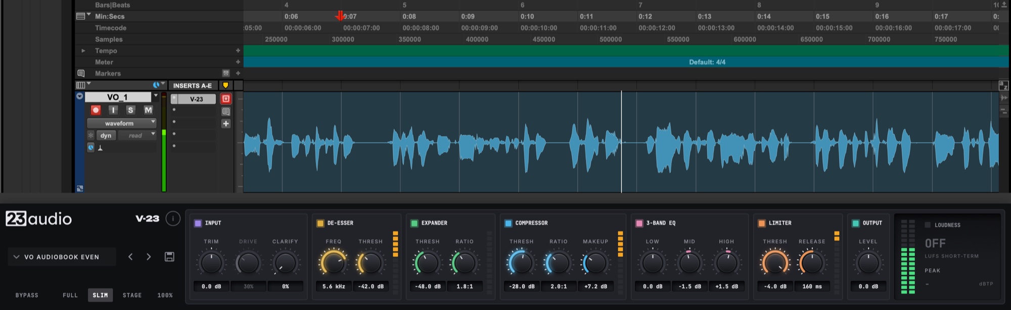 Slim in Pro Tools: V-23 as a short strip under the voice track being recorded
